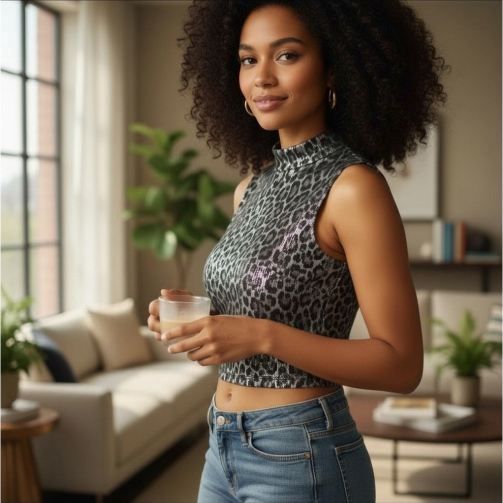 Michael Kors Womens Sequined Leopard CROPPED Top - Extra Large - XL - BLACK GREY